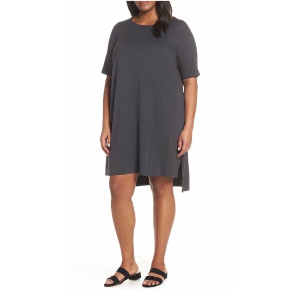 Eileen Fisher • Viscose Jersey knit dress short sleeve t-shirt shift Meteor grey